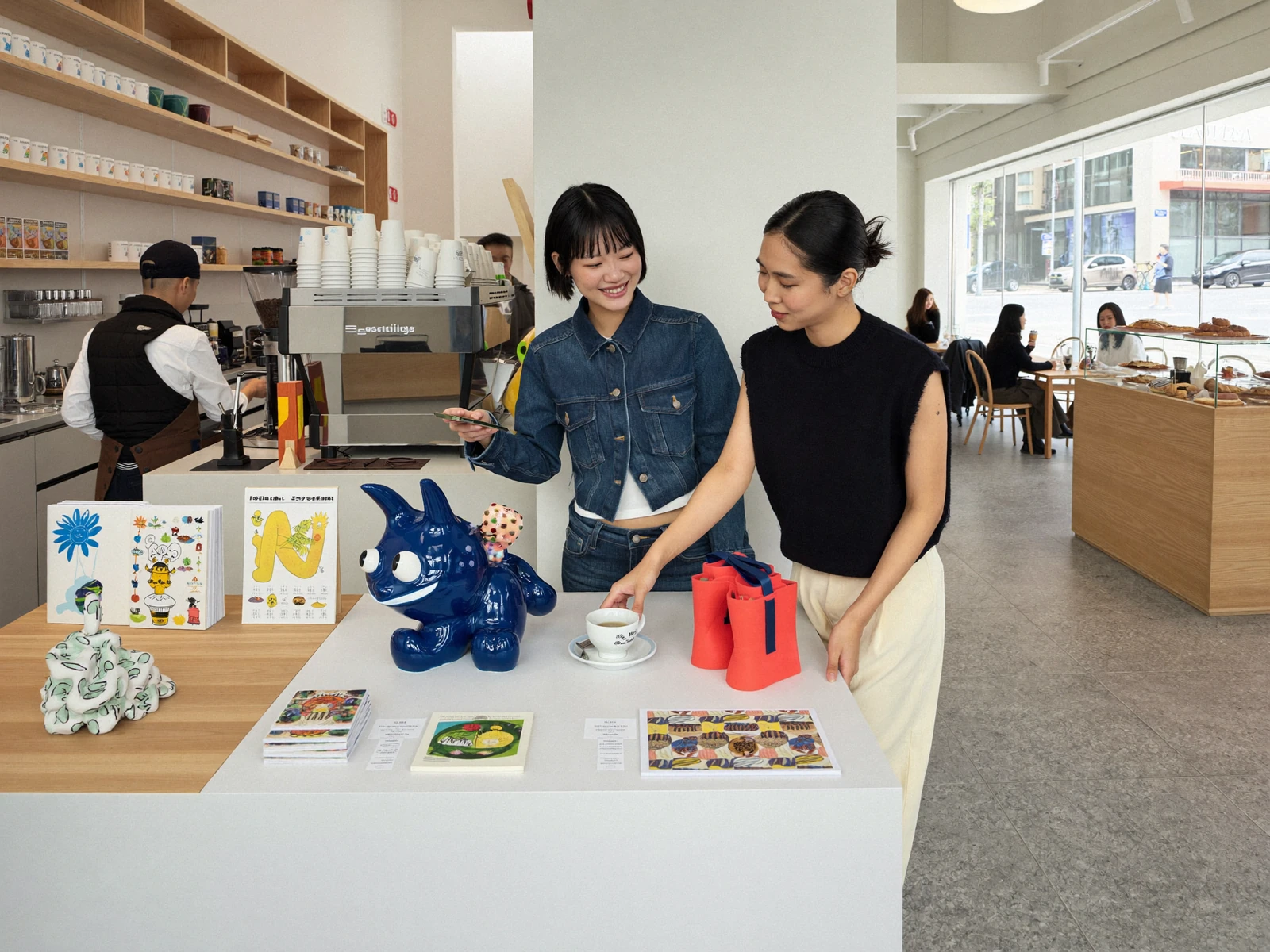 カフェで立体作品を見て感想を交わすお客さんのイメージ